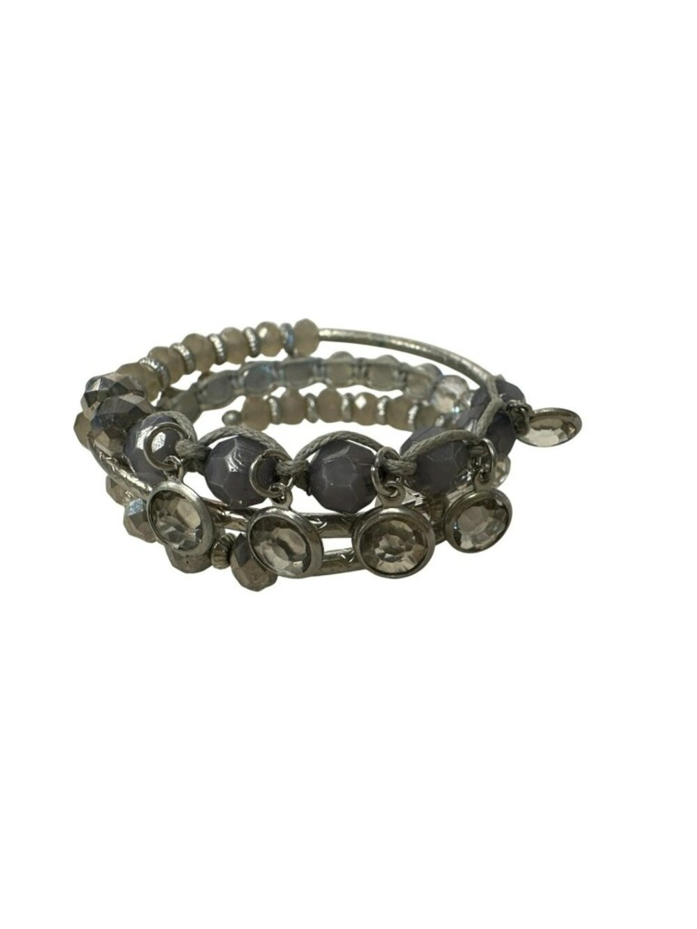 Crystal & Beaded Silver-Tone Wrap Bracelet Faceted Shakey Textured